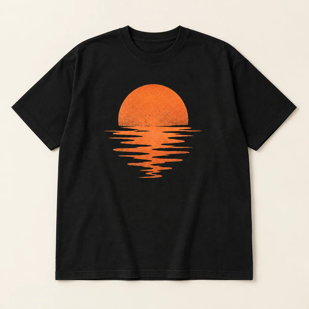 ภาพจำลองเสื้อสีดำ ลายตะวันสีส้ม BC01