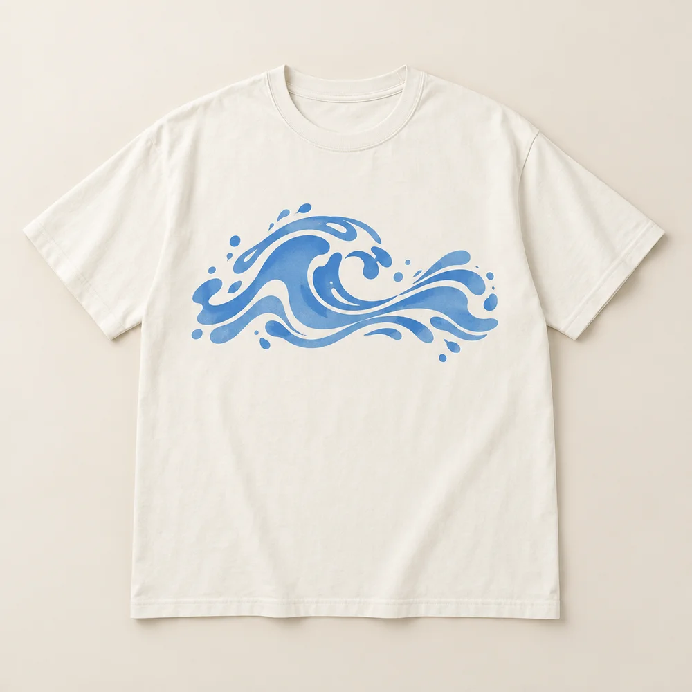 ภาพจำลองเสื้อ BC02 ลายปล่อยใจไปกับคลื่น สีขาวงาช้าง / น้ำเงิน